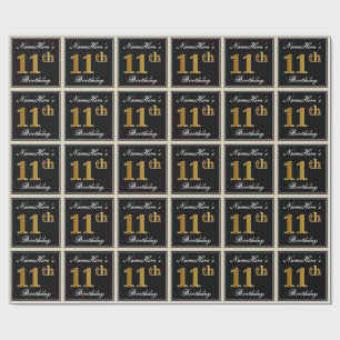 Elegant, Faux Gold 11th Birthday + Custom Name Wrapping Paper