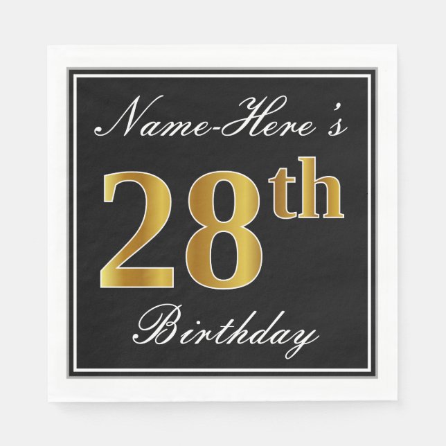 Elegant, Faux Gold 28th Birthday + Custom Name Napkin (Front)