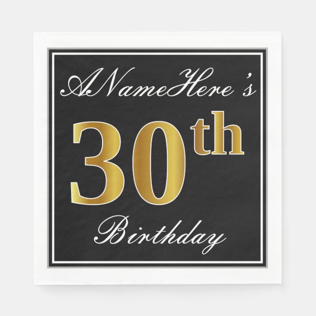 Elegant, Faux Gold 30th Birthday + Custom Name Napkin (Front)
