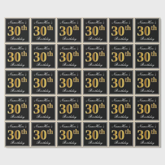 Elegant, Faux Gold 30th Birthday + Custom Name Wrapping Paper (Flat)