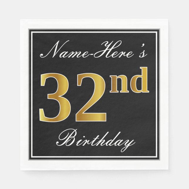 Elegant, Faux Gold 32nd Birthday + Custom Name Napkin (Front)