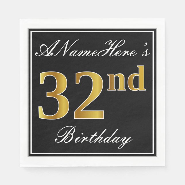 Elegant, Faux Gold 32nd Birthday + Custom Name Napkin (Front)