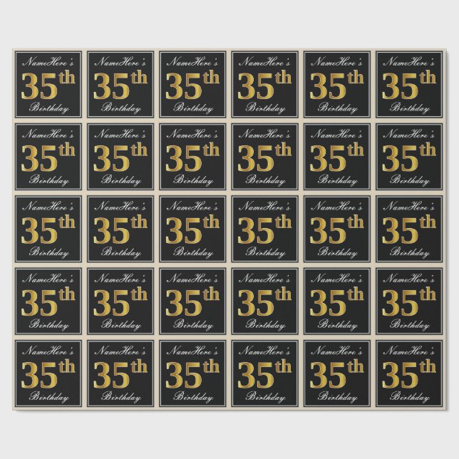 Elegant, Faux Gold 35th Birthday + Custom Name Wrapping Paper (Flat)