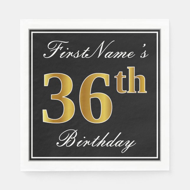 Elegant, Faux Gold 36th Birthday + Custom Name Napkin (Front)