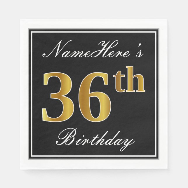 Elegant, Faux Gold 36th Birthday + Custom Name Napkin (Front)