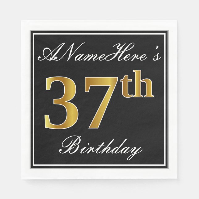 Elegant, Faux Gold 37th Birthday + Custom Name Napkin (Front)