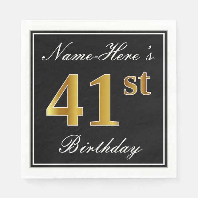Elegant, Faux Gold 41st Birthday + Custom Name Napkin (Front)