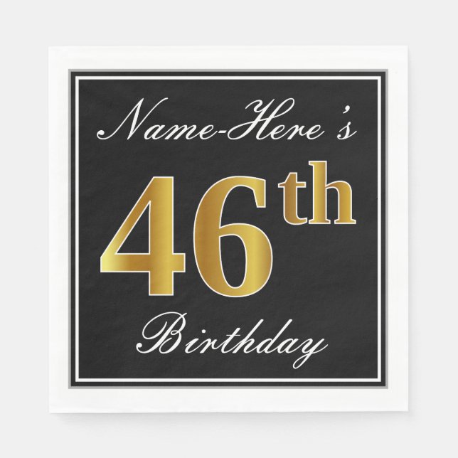 Elegant, Faux Gold 46th Birthday + Custom Name Napkin (Front)