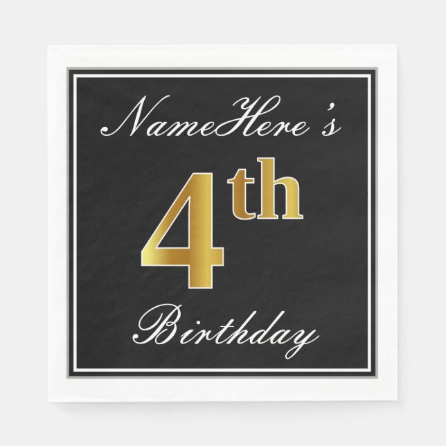 Elegant, Faux Gold 4th Birthday + Custom Name Napkin (Front)