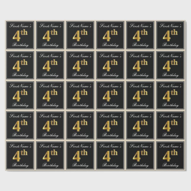 Elegant, Faux Gold 4th Birthday + Custom Name Wrapping Paper (Flat)
