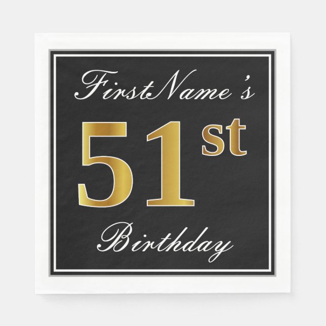 Elegant, Faux Gold 51st Birthday + Custom Name Napkin (Front)