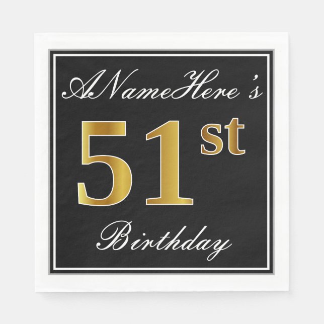 Elegant, Faux Gold 51st Birthday + Custom Name Napkin (Front)