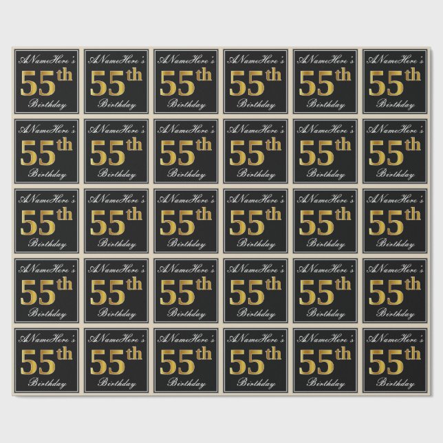 Elegant, Faux Gold 55th Birthday + Custom Name Wrapping Paper (Flat)