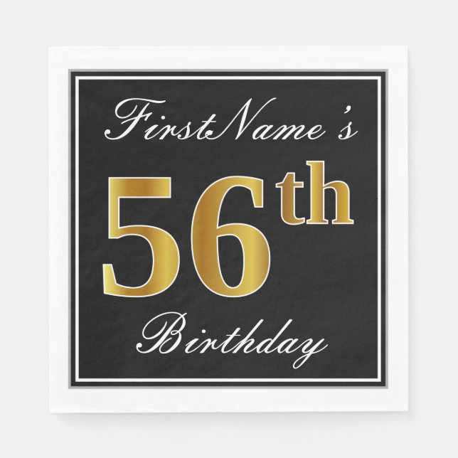 Elegant, Faux Gold 56th Birthday + Custom Name Napkin (Front)