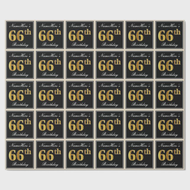 Elegant, Faux Gold 66th Birthday + Custom Name Wrapping Paper (Flat)