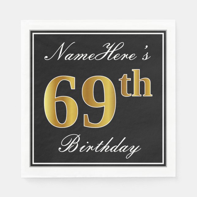 Elegant, Faux Gold 69th Birthday + Custom Name Napkin (Front)