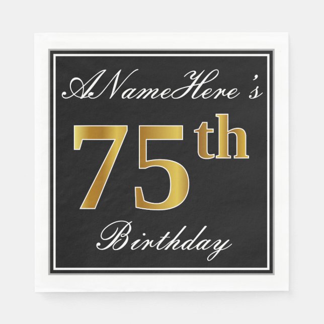 Elegant, Faux Gold 75th Birthday + Custom Name Napkin (Front)