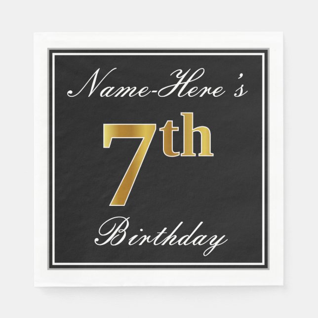 Elegant, Faux Gold 7th Birthday + Custom Name Napkin (Front)