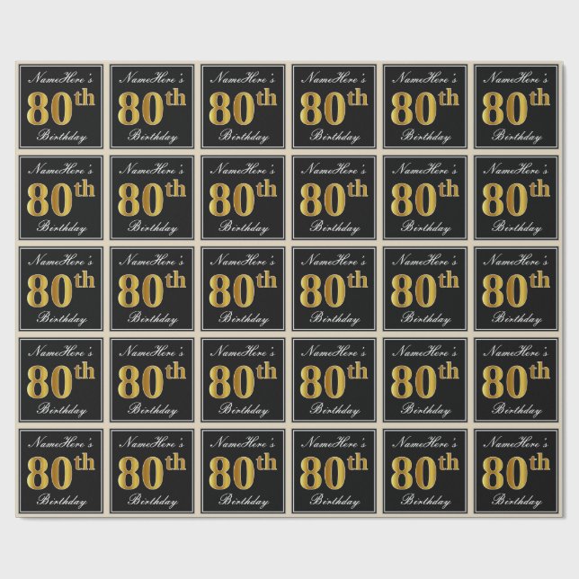 Elegant, Faux Gold 80th Birthday + Custom Name Wrapping Paper (Flat)