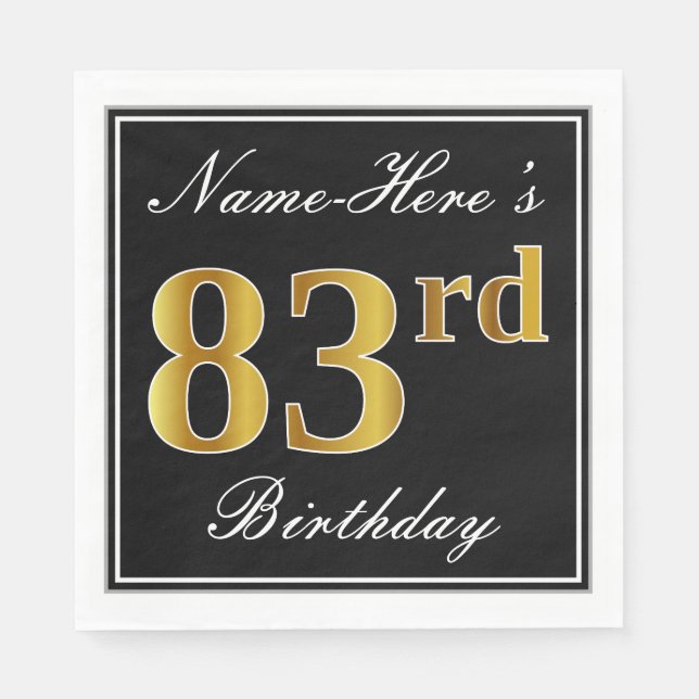 Elegant, Faux Gold 83rd Birthday + Custom Name Napkin (Front)