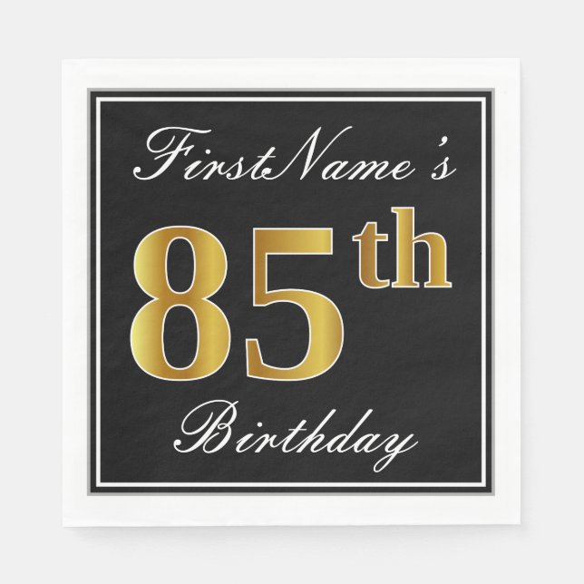 Elegant, Faux Gold 85th Birthday + Custom Name Napkin (Front)