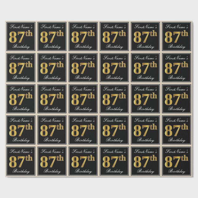 Elegant, Faux Gold 87th Birthday + Custom Name Wrapping Paper (Flat)