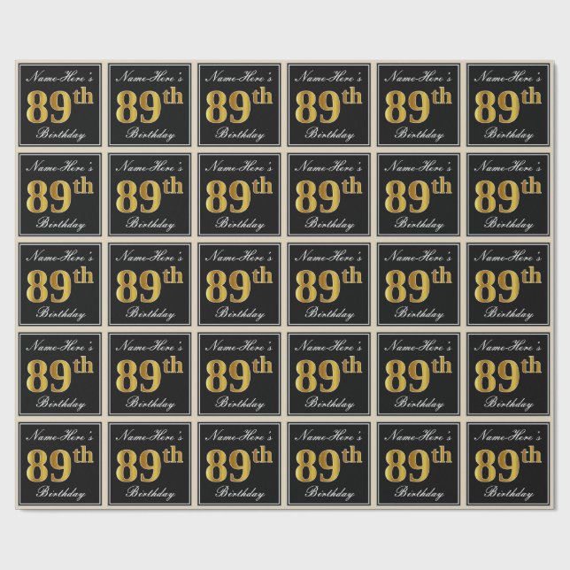 Elegant, Faux Gold 89th Birthday + Custom Name Wrapping Paper (Flat)