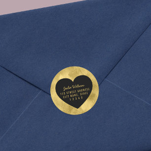 Elegant Faux Gold and Black Heart Return Address Classic Round Sticker