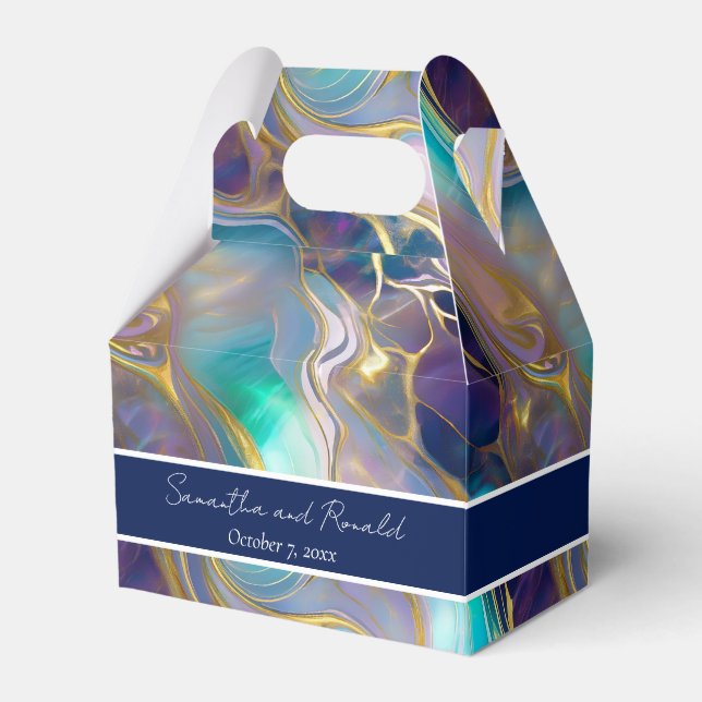 Elegant Faux Gold and Blue Opal Stone Favour Boxes (Front Side)