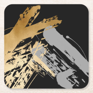 elegant faux gold and grey brushstrokes square paper coaster