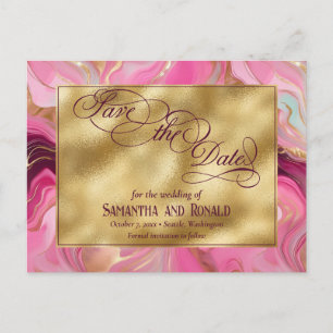Elegant Faux Gold and Pink Marbled Wedding Announcement Postcard
