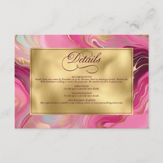 Elegant Faux Gold and Pink Marbled Wedding Enclosure Card (Front)
