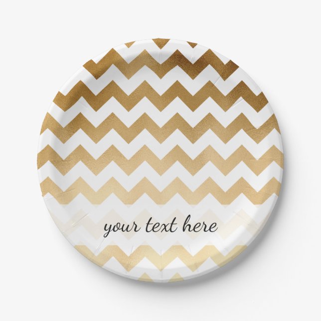elegant faux gold and white chevron pattern paper plate (Front)