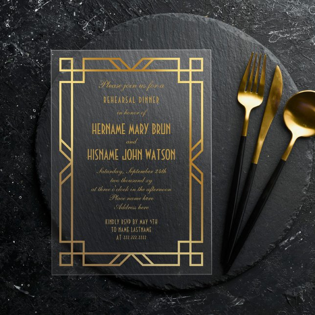 Elegant Faux Gold Art Deco Frame Rehearsal Dinner Acrylic Invitations (Creator Uploaded)