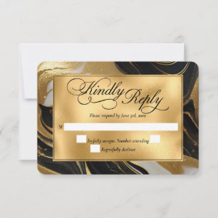 Elegant Faux Gold, Black and White Marbled Wedding RSVP Card
