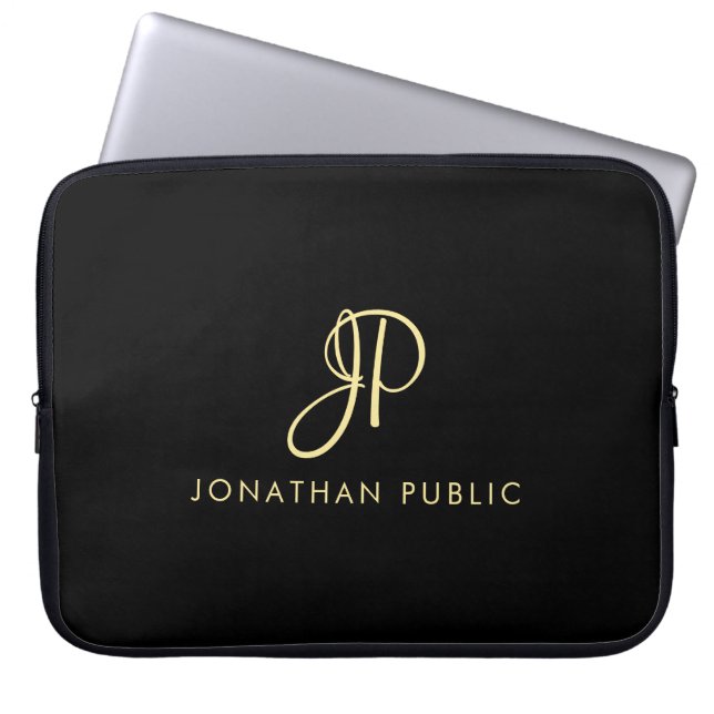 Elegant Faux Gold & Black Typography Monogram Laptop Sleeve (Front)