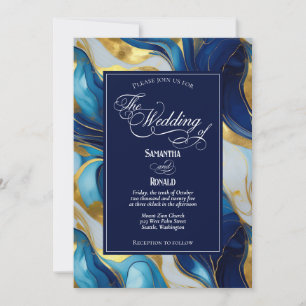 Elegant Faux Gold, Blue and White Marbled Wedding Invitation