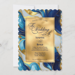 Elegant Faux Gold, Blue and White Marbled Wedding Invitation