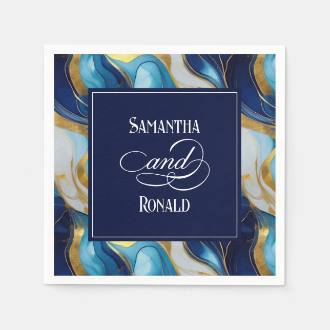 Elegant Faux Gold, Blue and White Marbled Wedding Napkin (Front)