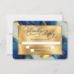 Elegant Faux Gold, Blue and White Marbled Wedding RSVP Card