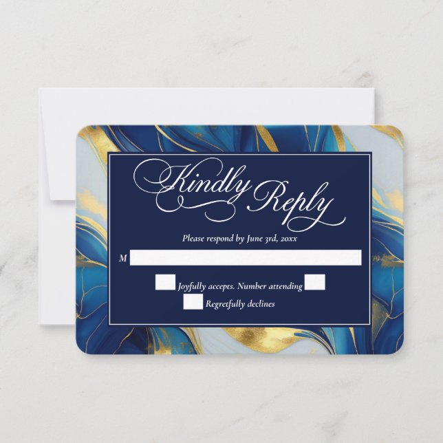 Elegant Faux Gold, Blue and White Marbled  Wedding RSVP Card (Front)