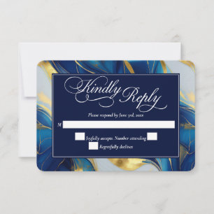 Elegant Faux Gold, Blue and White Marbled Wedding RSVP Card