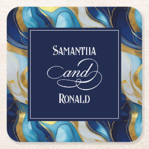 Elegant Faux Gold, Blue and White Marbled Wedding Square Paper Coaster