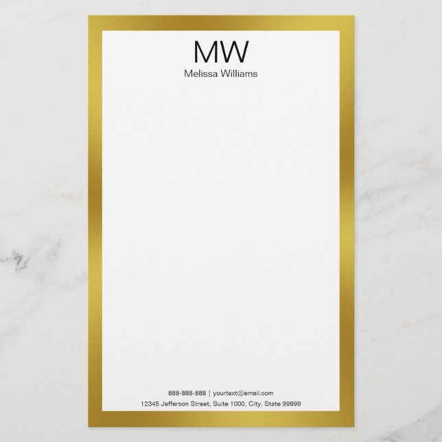 Elegant Faux Gold Border Monogram Business Stationery (Front)