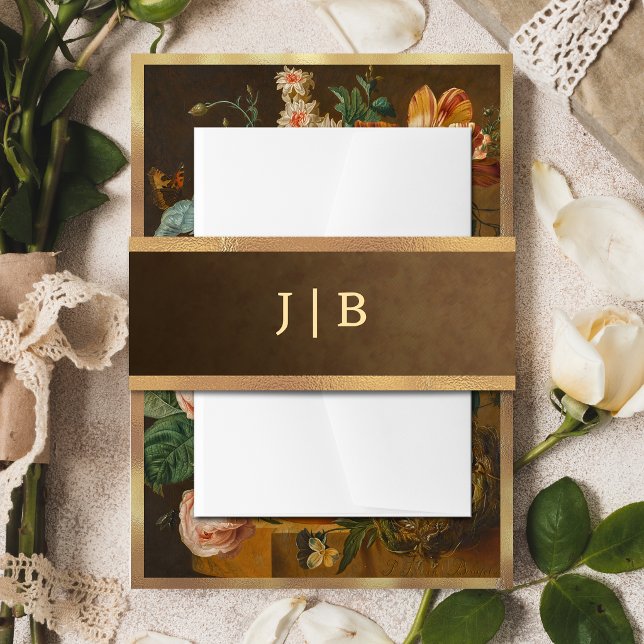 Elegant Faux Gold Border Wedding Monogram Invitation Belly Band (Creator Uploaded)