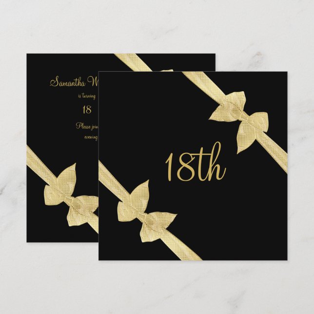 Elegant Faux Gold Bows 18th Birthday Invitation (Front/Back)
