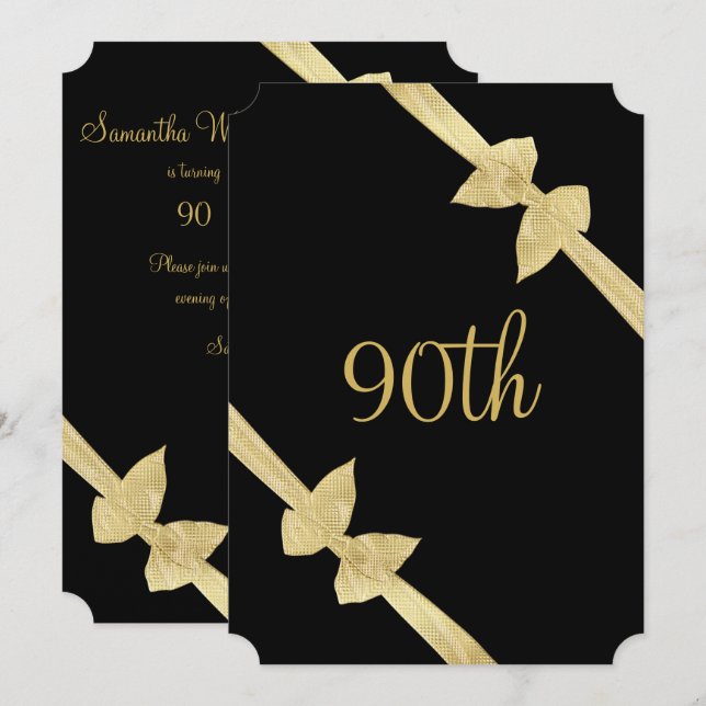 Elegant Faux Gold Bows 90th Birthday Invitation (Front/Back)