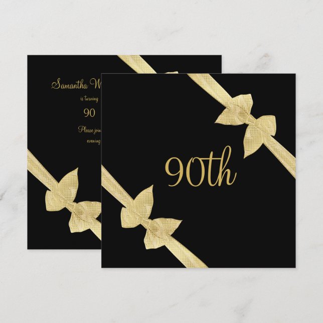 Elegant Faux Gold Bows 90th Birthday Invitation (Front/Back)
