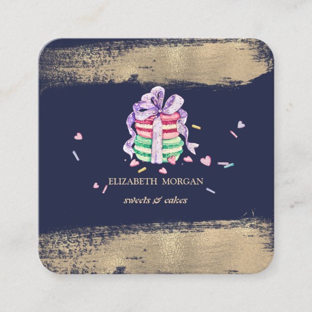 Elegant Faux Gold Brush Stroke Macarons Square Business Card (Front)