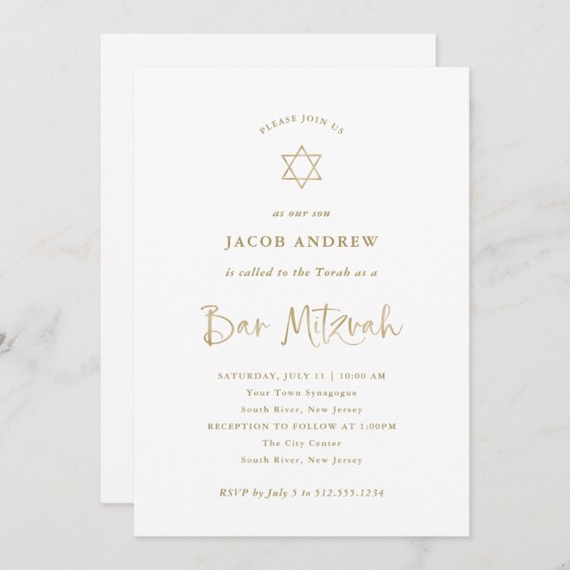 Elegant Faux Gold Calligraphy | Bar Mitzvah Invitation (Front/Back)
